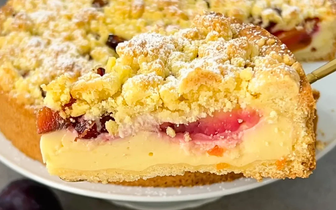 Zwetschgenkuchen mit Pudding und Streusel