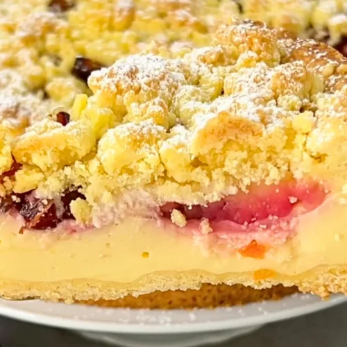 Zwetschgenkuchen mit Pudding und Streusel im Anschnitt