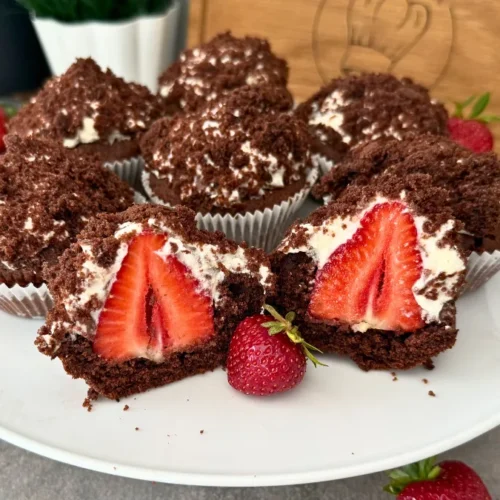 Maulwurfmuffins mit Erdbeeren aufgeschnitten auf weißem Teller, Erdbeere und Sahne sichtbar
